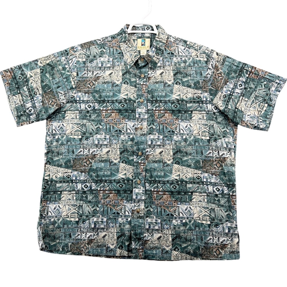 Kahala Shirt Mens XXL Blue Teal Geometric Tribal Print Cotton Aloha Hawaii M34